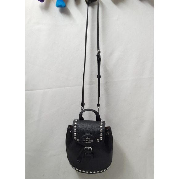 Coach Black Pebbled Leather Studded Drawstring Crossbody Backpack Bag - NWT $450 - Picture 6 of 16